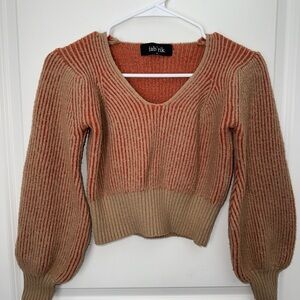 Rust & Tan Balloon Sleeve Ribbed Sweater
